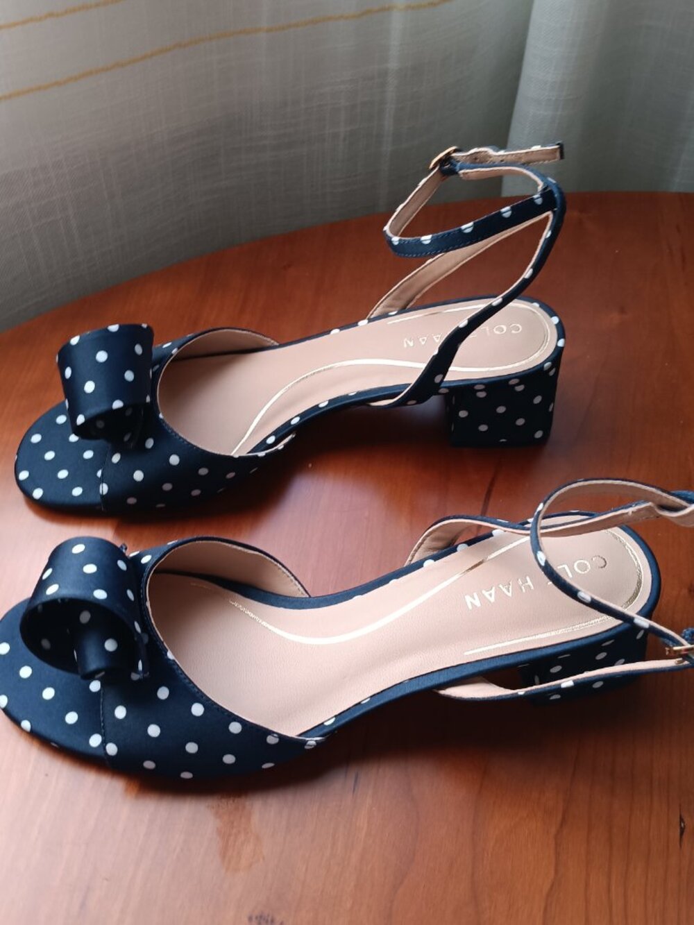 NWT Cole Haan Florette Navy & White Polka Dot Ankle Strap Block Heel Sandal - Picture 5 of 9